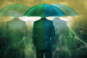 man with umbrella in lightning storm risk danger caution storm