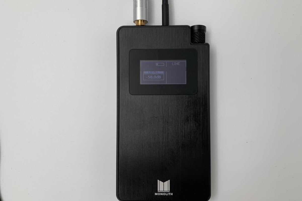 Monoprice Monolith Portable Headphone Amplifier and DAC sports a brushed aluminum front.