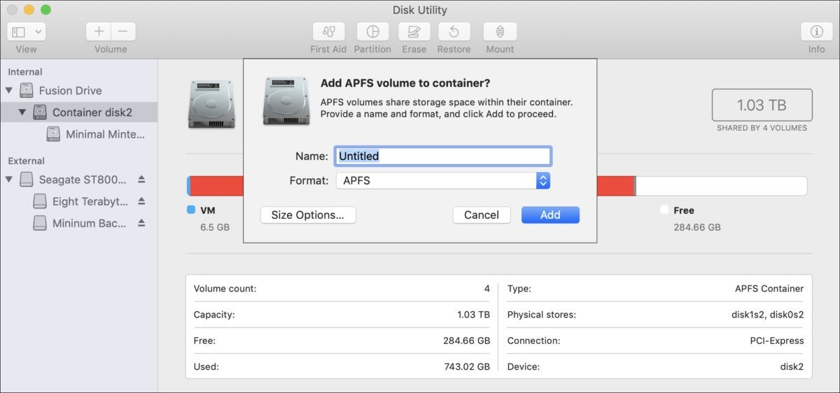 mac911 add volume to container disk utility