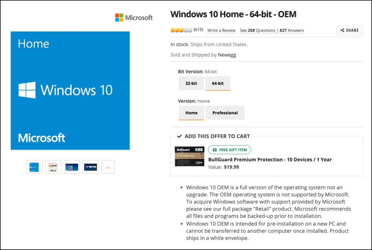 newegg windows 10 oem listing