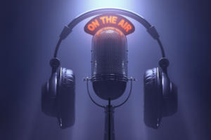on the air neon on air radio podcast mic microphone headphones