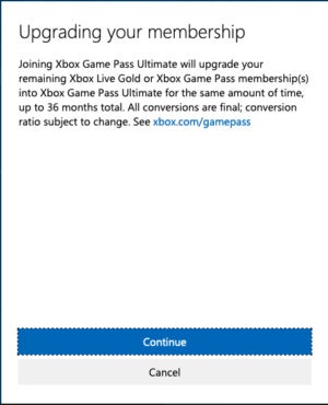 Xbox Game Pass Ultimate Upgrade потвърждение