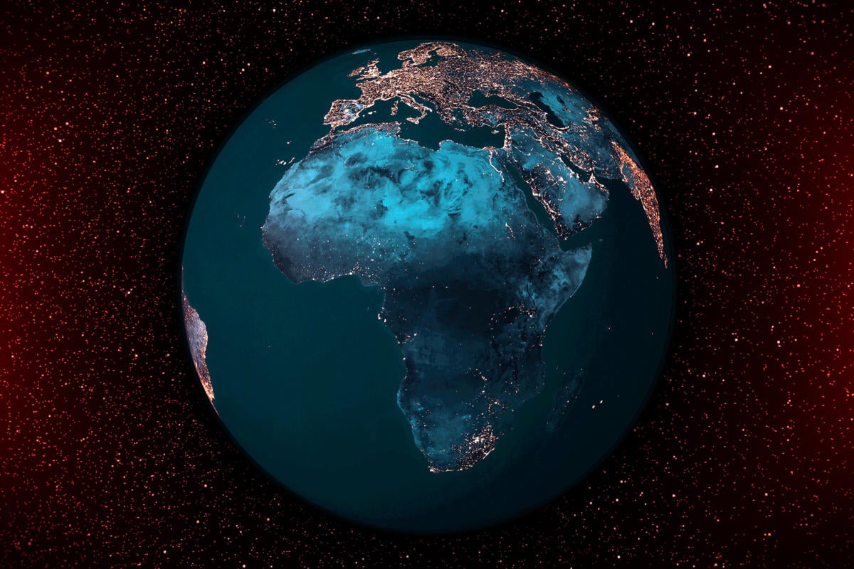 African city lights as seen from space in a satellite view of earth.