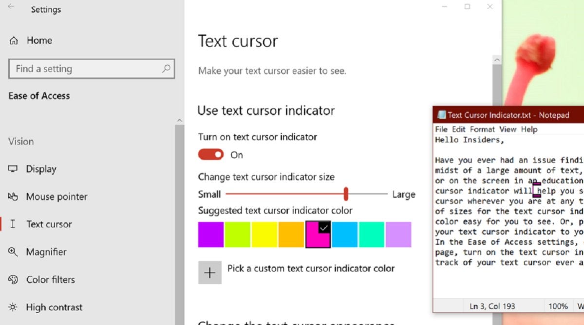 colorful text cursor Windows 10 18945