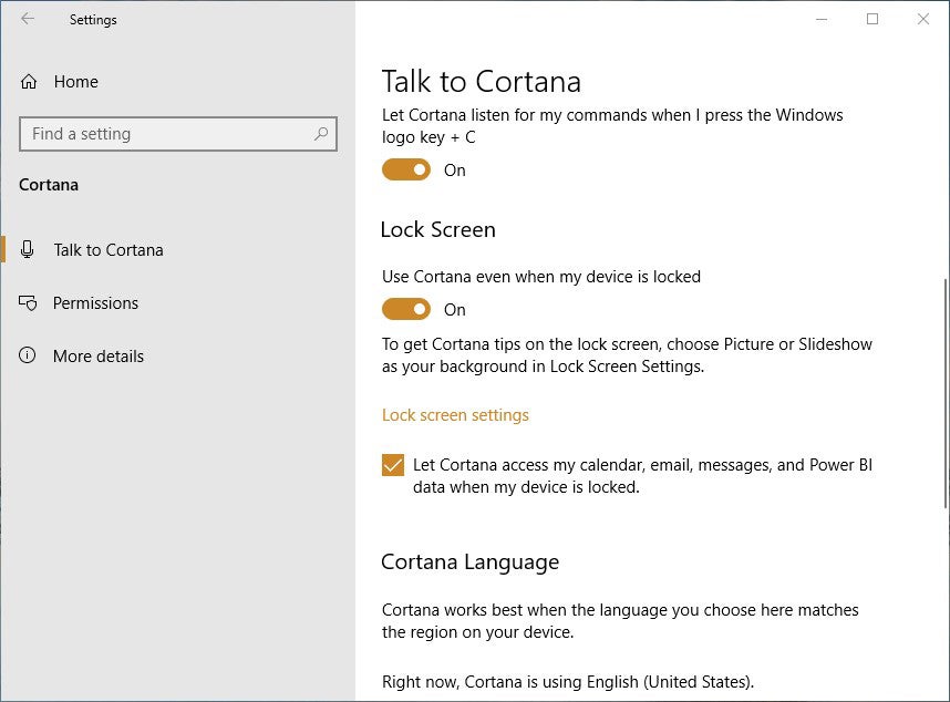 cortana lock screen win10 v1903