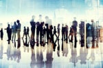 Conceptual image of a network of executives / silhouettes of executives in motion.