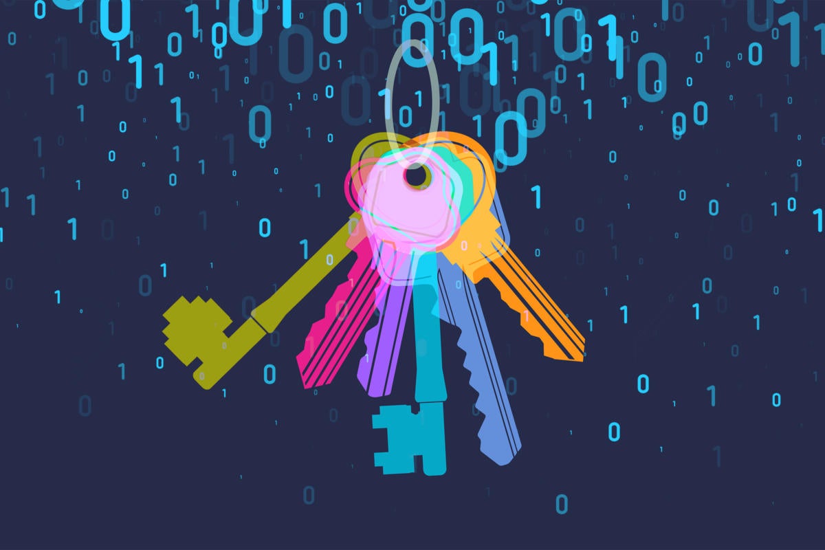 keys on a keychain / key ring / password management / binary code overlay
