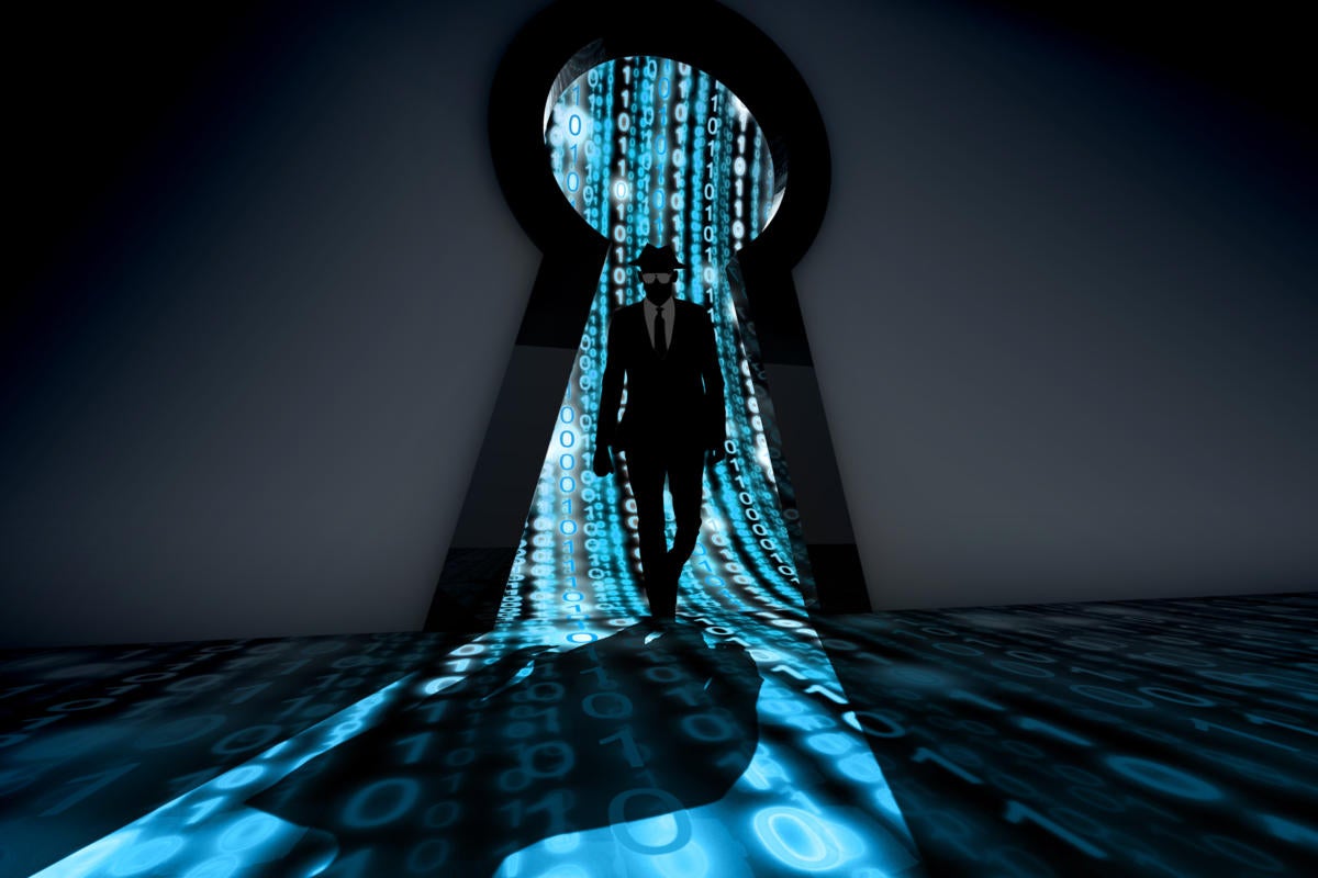 black hat / hacker entering a binary room through a keyhole