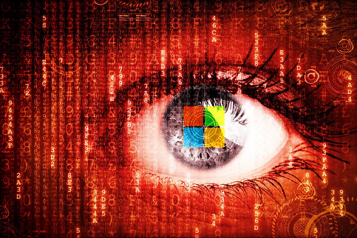 Abstract binary data overlays an eye containing a reflection of the Microsoft logo.