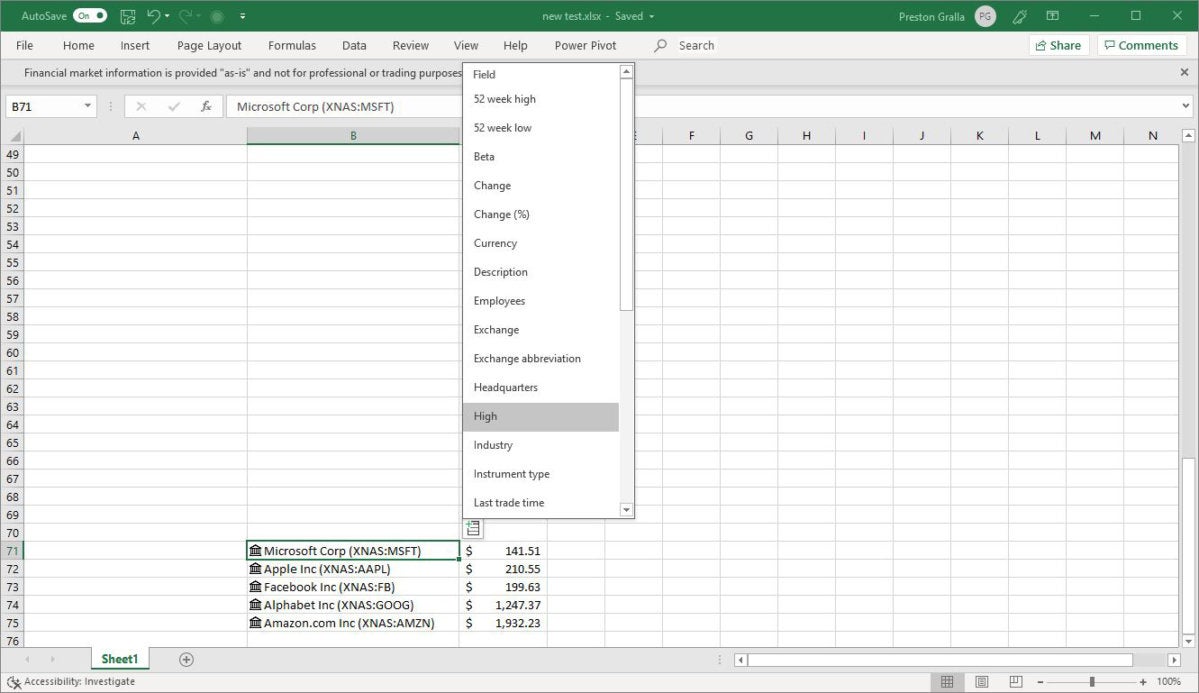 excel office365 stock linked data