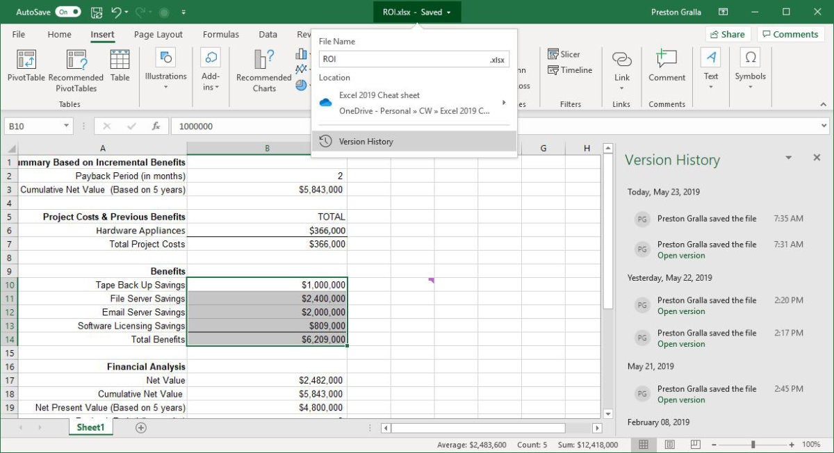 excel office365 version history