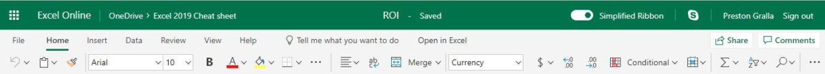 excel online simplified ribbon