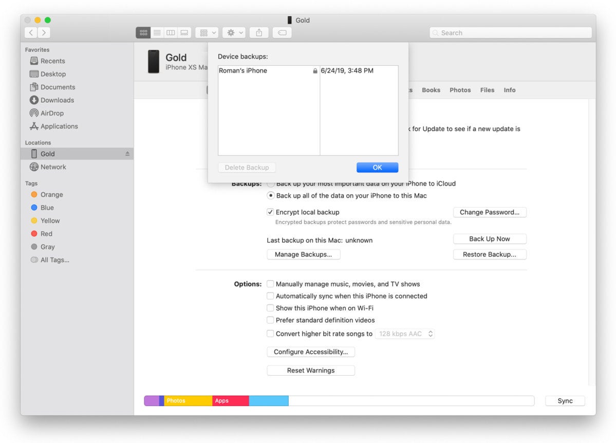 macoc catalina iphone manage backups