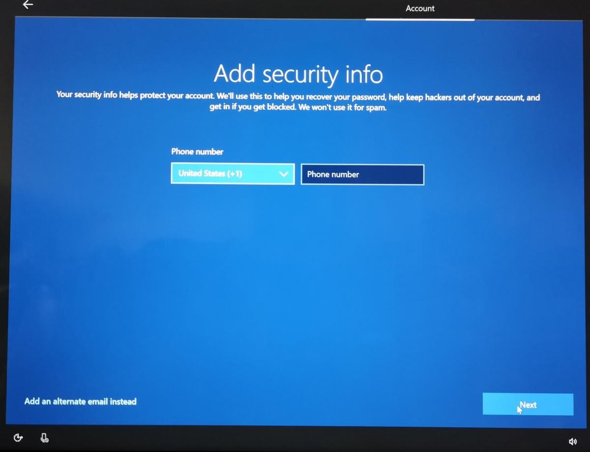 Windows 10 OOBE phone number password