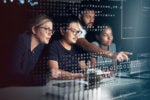 teamwork / collaboration / developers / development / engineers / binary code / virtual interface