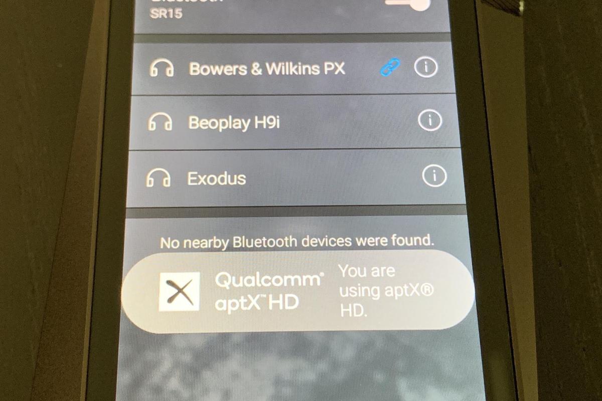The SR15 connected to my Bowers&Wilkins PX headphones with aptX HD.