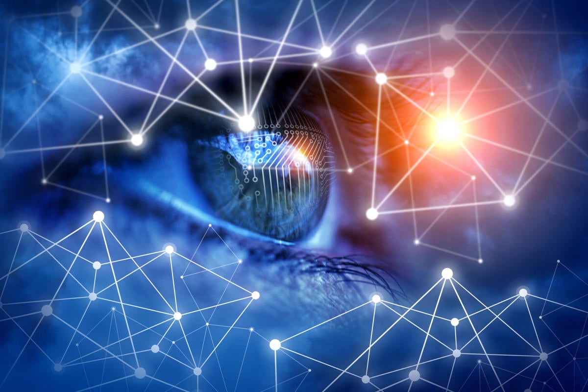 Identity access management  >  abstract network connections and circuits reflected in eye