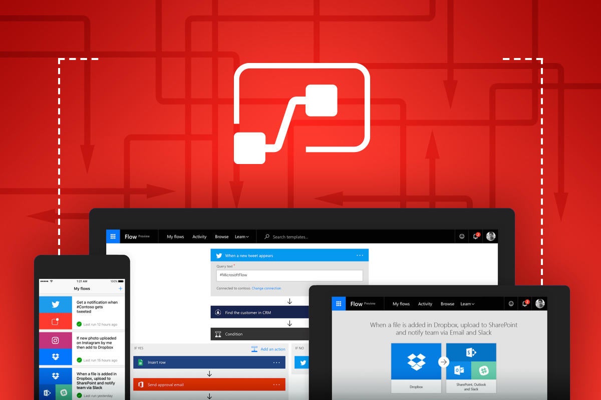 Microsoft Flow, shown here on desktop, tablet and mobile phones with the product logo.