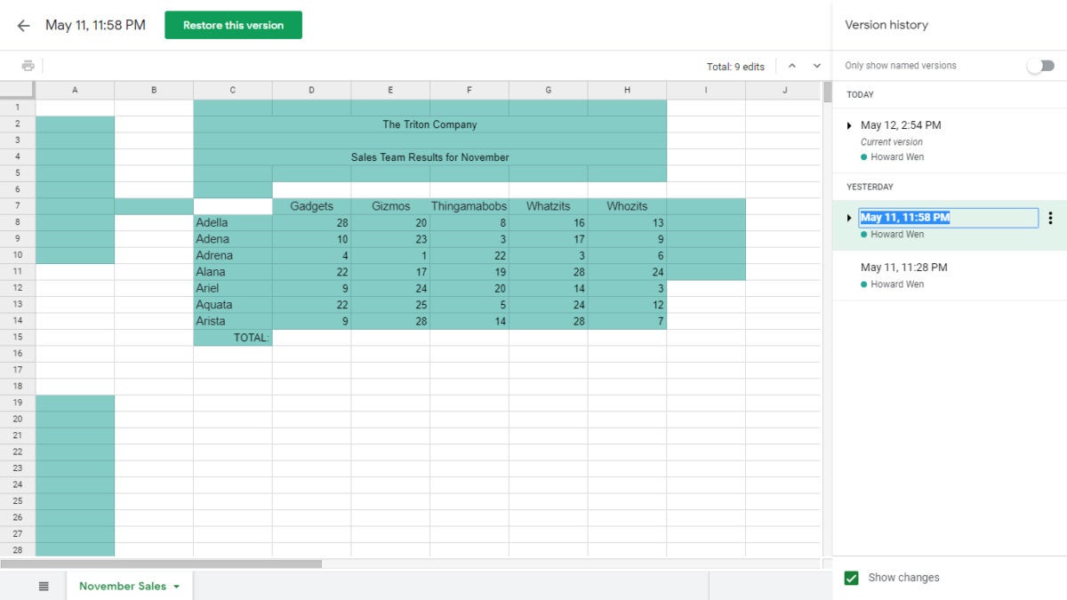 google sheets 15 version history