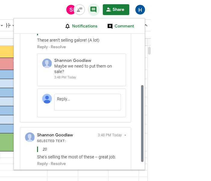 google sheets 24 comments pane