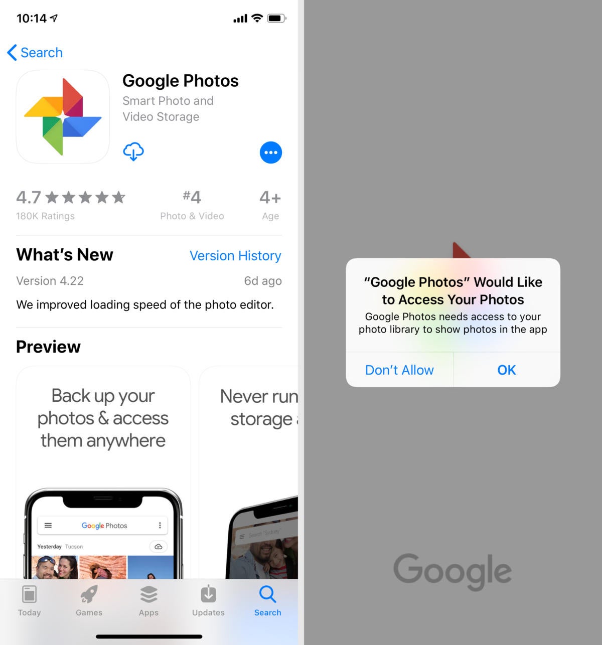 Google Photos installation on iOS