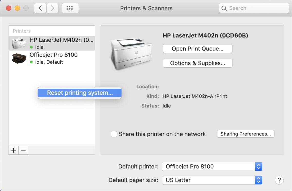 reset printer preferences mac