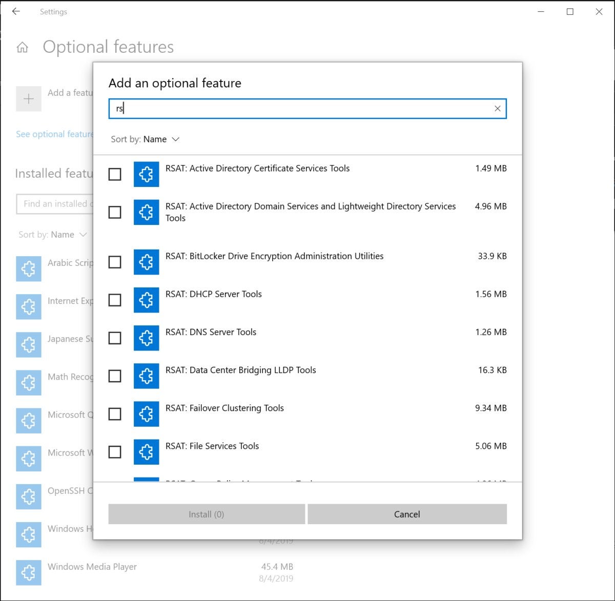 windows 10 optional features