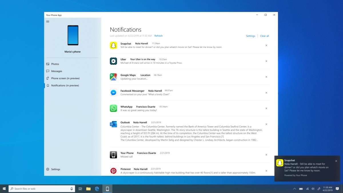 Microsoft Windows 10 your phone notifications