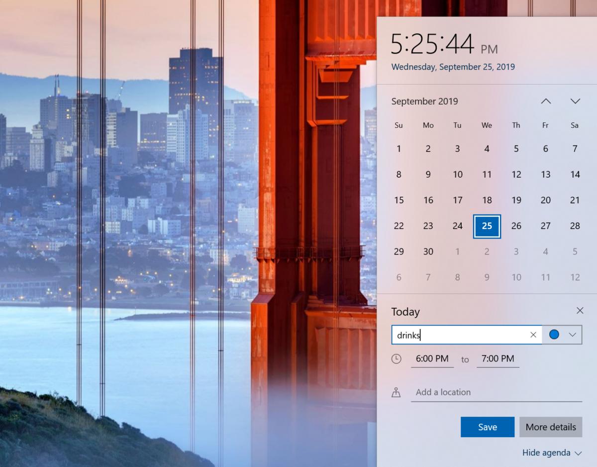 Microsoft Windows 10 19H2  add calendar entry