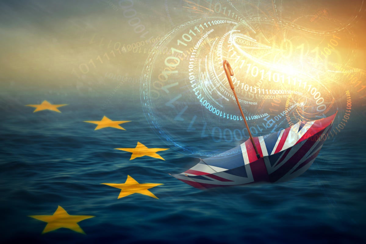 Brexit / privacy  >  Binary data + a U.K. umbrella drifting away on a sea branded with an E.U. flag