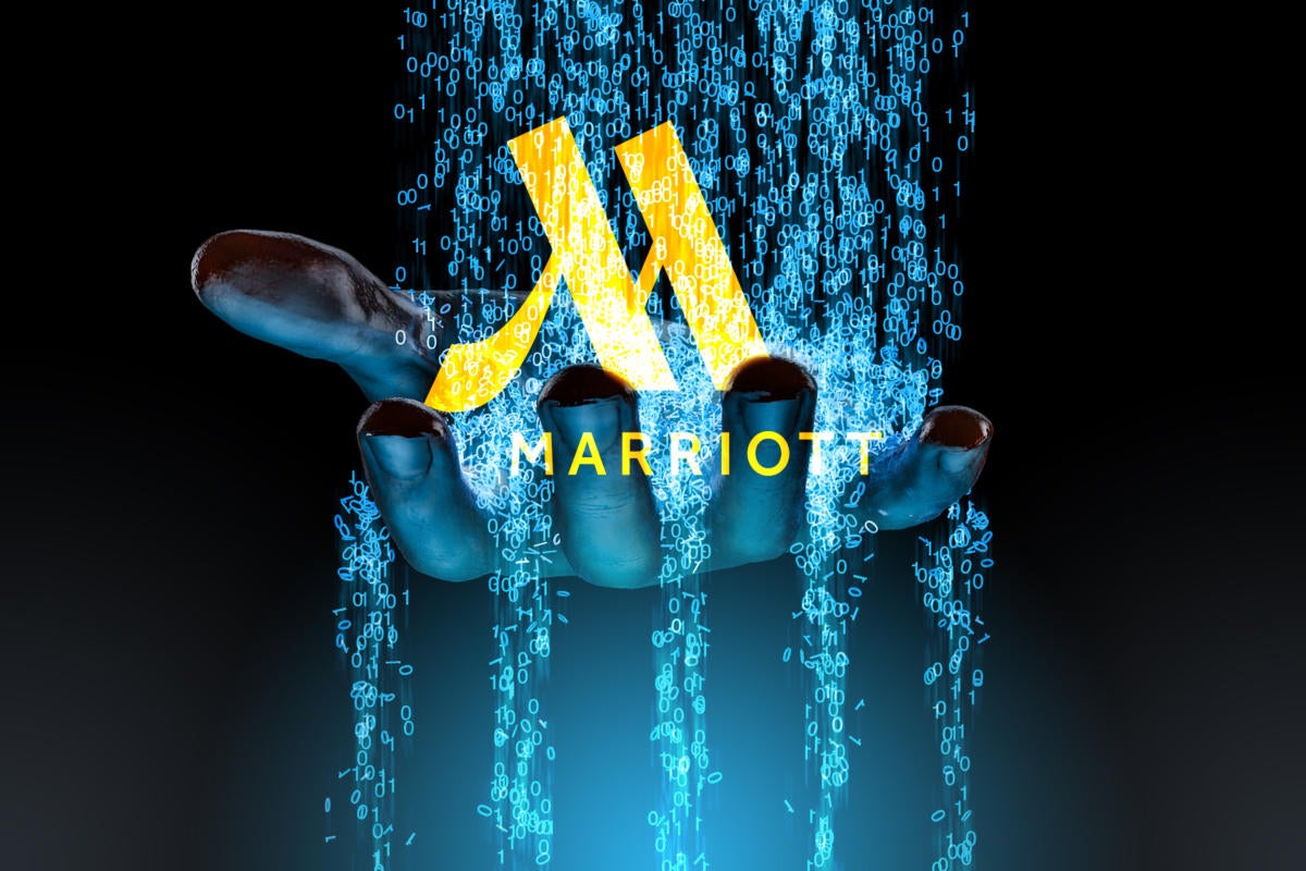 Marriott data breach  >  Marriott logo + binary data stream through the fingers of a hacker