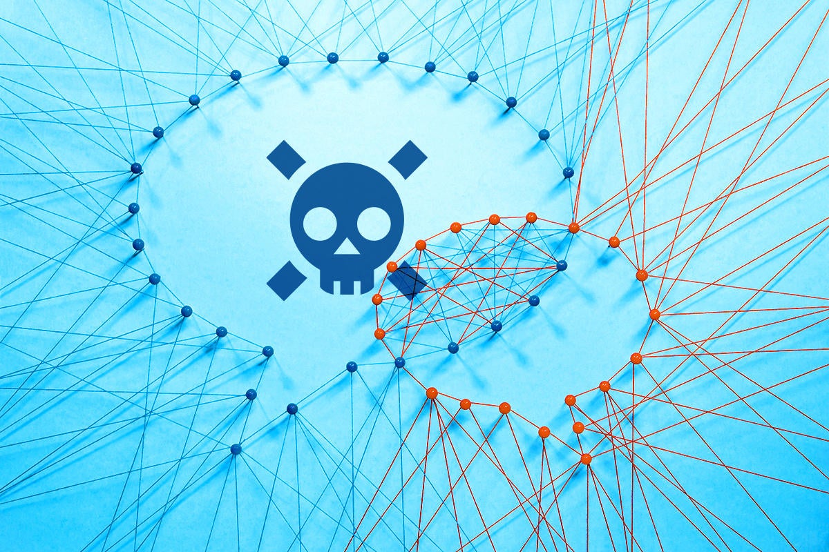 Social media threat / danger / risk >  Text bubbles interact, one bearing skull + crossbones