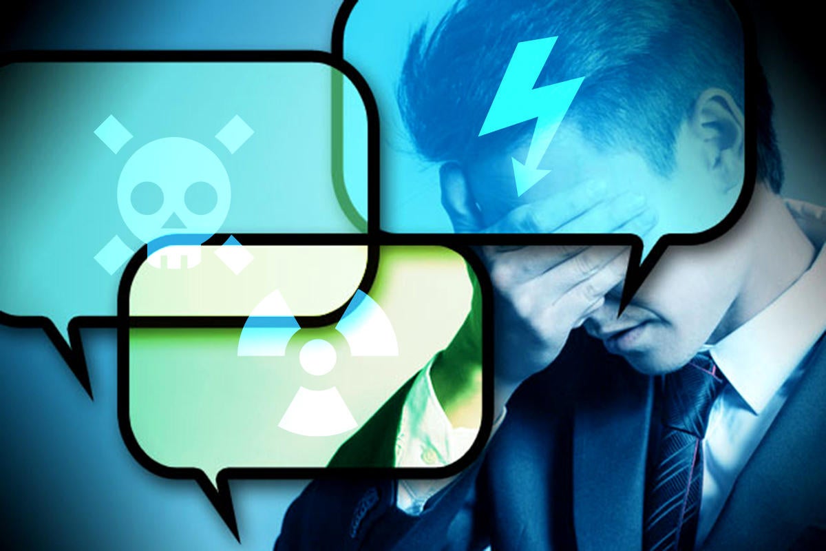 Social media threats / risks / dangers / headaches  >  Text bubbles bearing danger signs