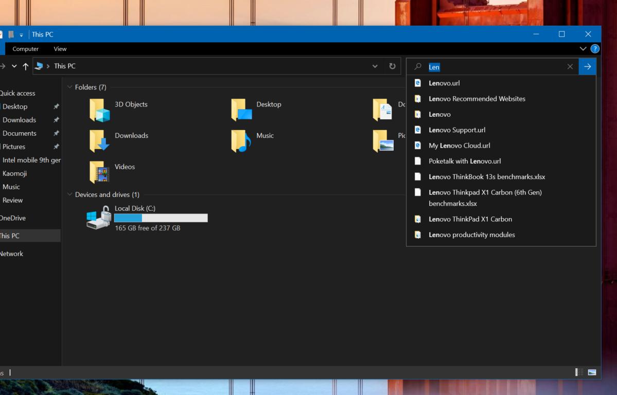 Microsoft Windows 10 19H2  file explorer powered by windows search