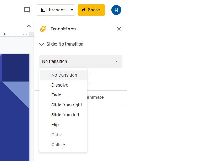 google slides 10 transitions pane