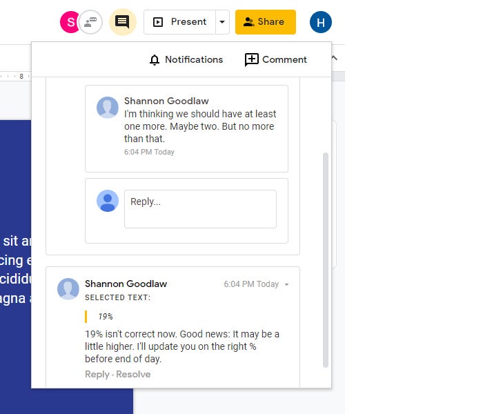 google slides 24 comments pane