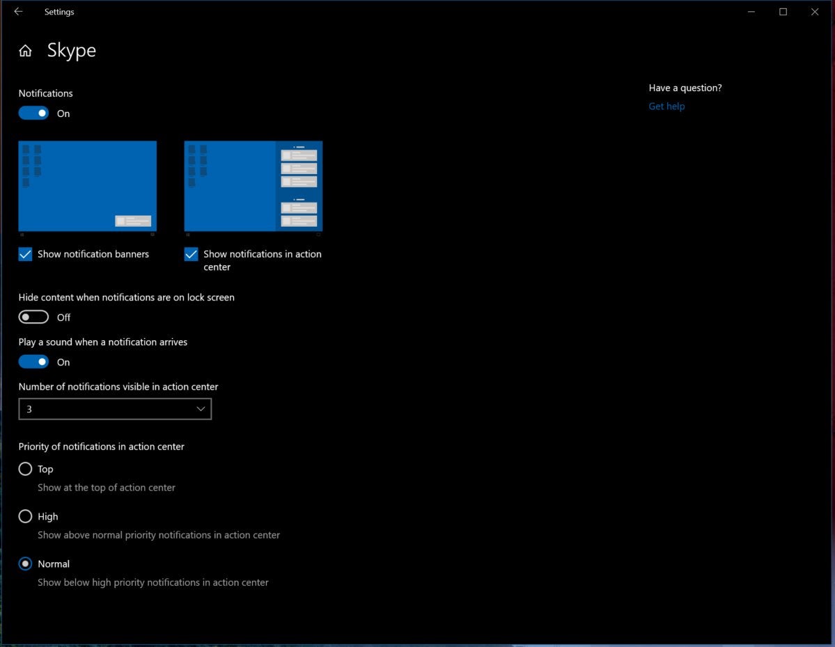 Microsoft Windows 10 19H2  skype app notification setting