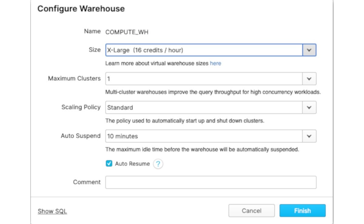 snowflake configure warehouse lg