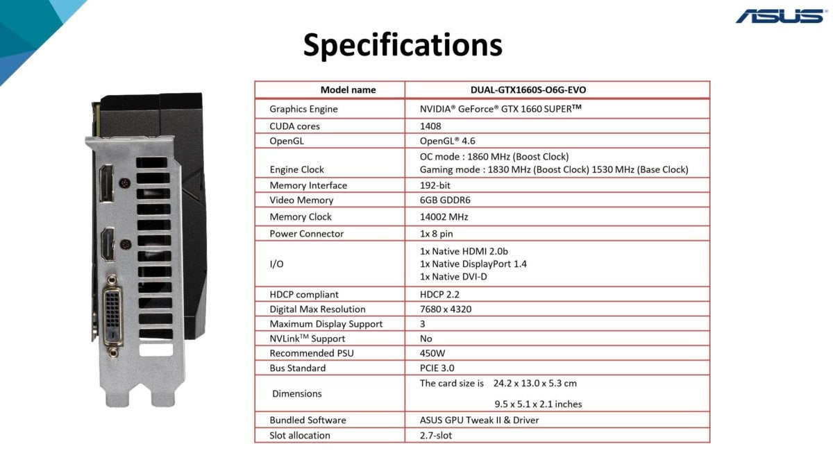 asus dual geforce gtx 1660 super evo specs