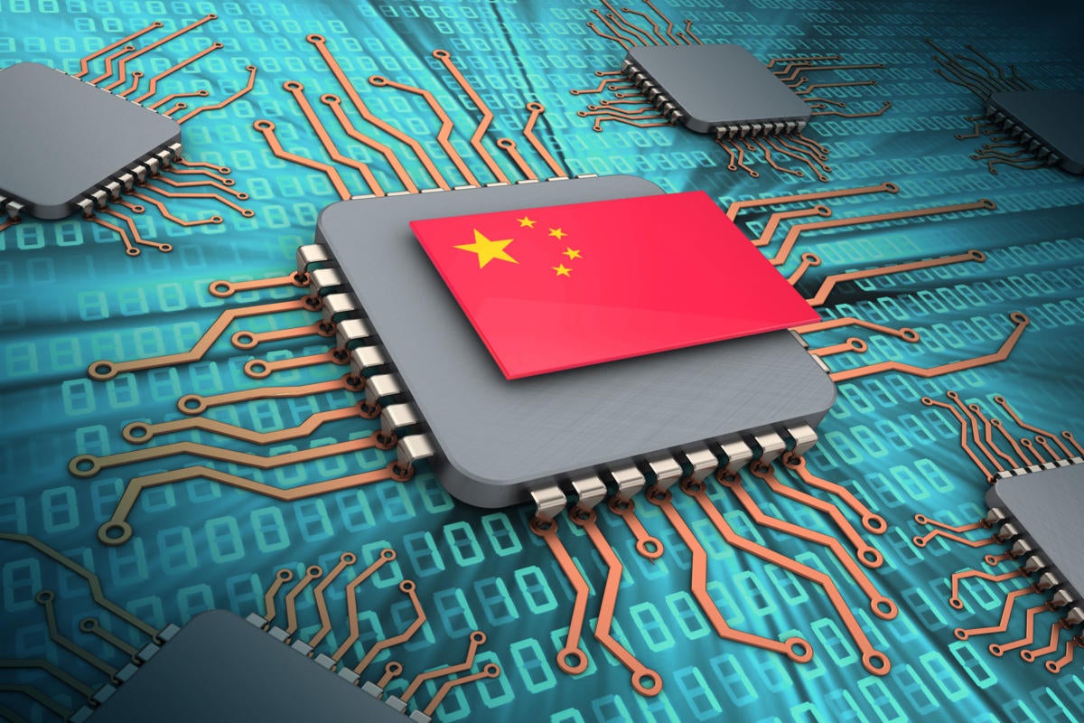 flag of china / computer chip / circuit board / binary code / data