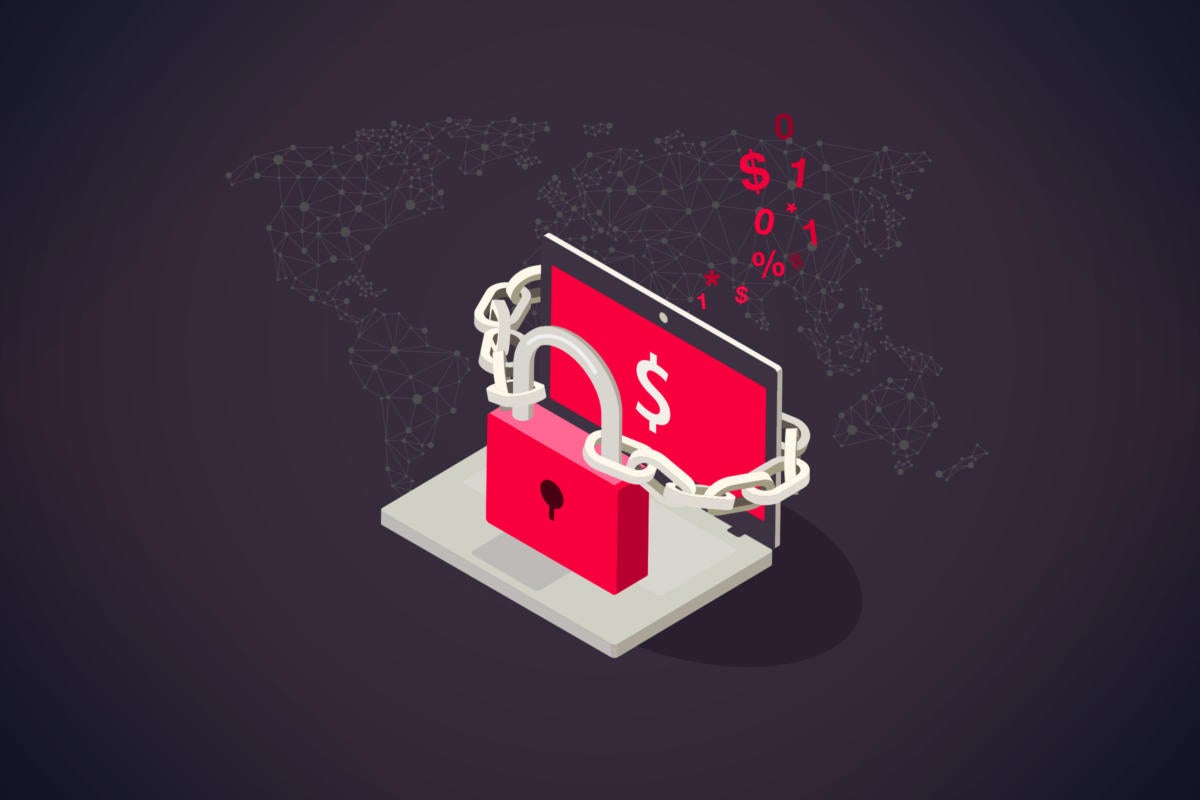Ransomware  >  An encrypted system, held ransom with lock + chain, displays a dollar sign.