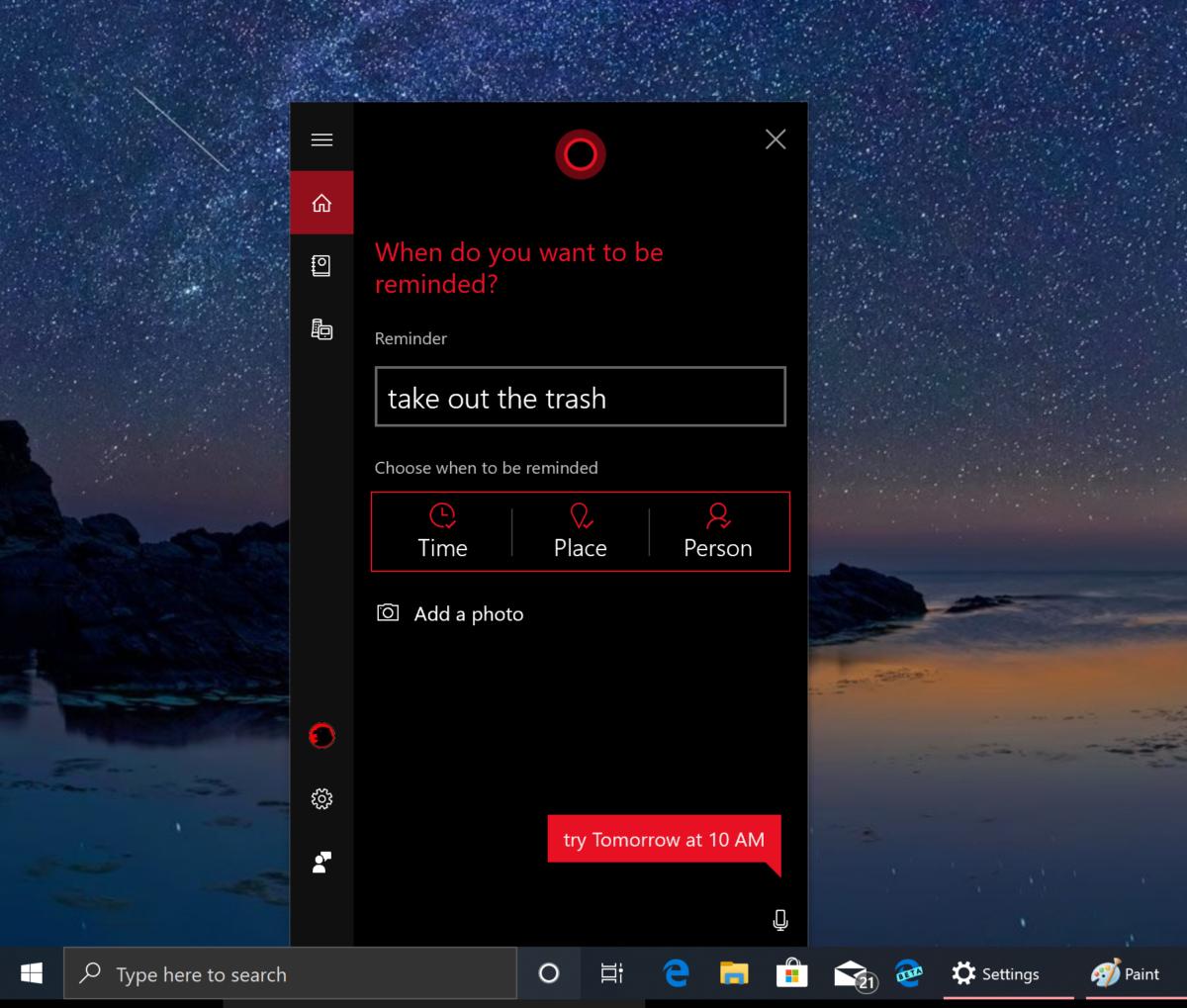 Windows 10 cortana reminder