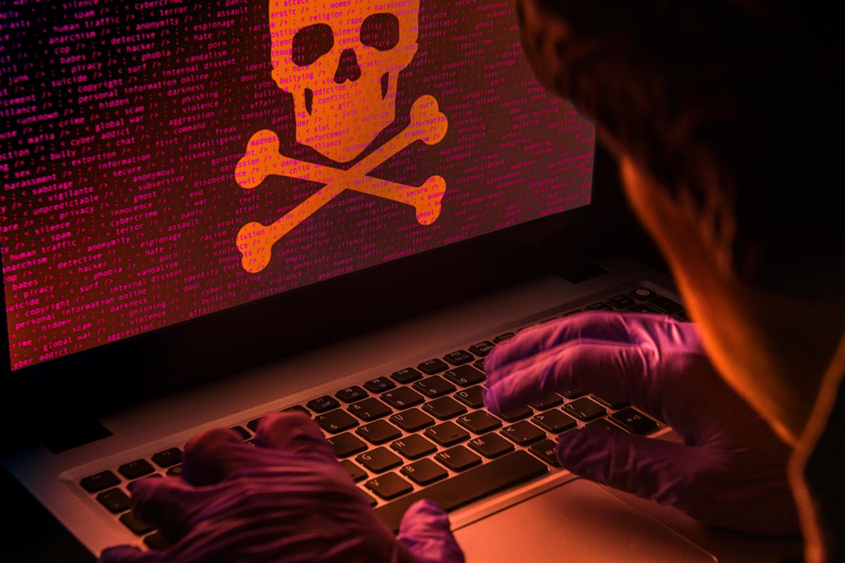 Cybersecurity  >  Skull + crossbones / abstract code / criminal hacker / attack / security threat