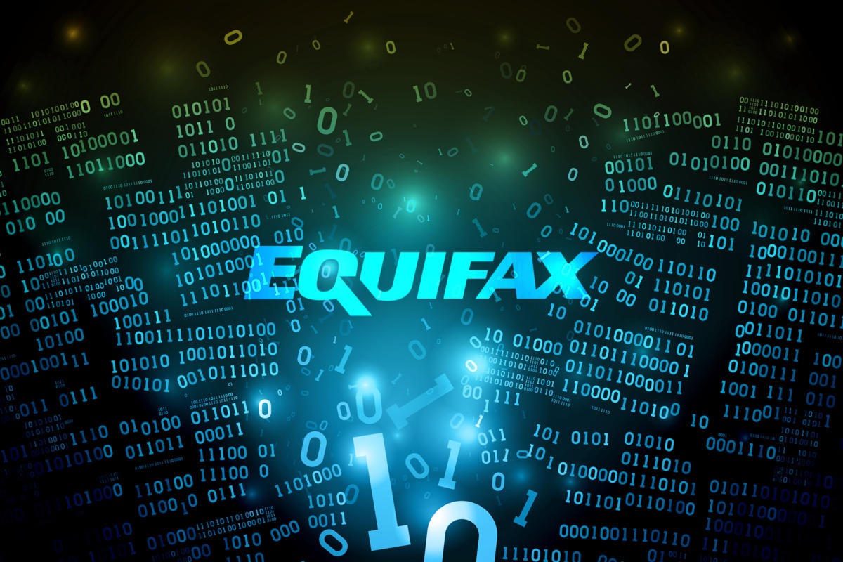 Equifax breach  >  Equifax logo amid broken, disrupted binary code