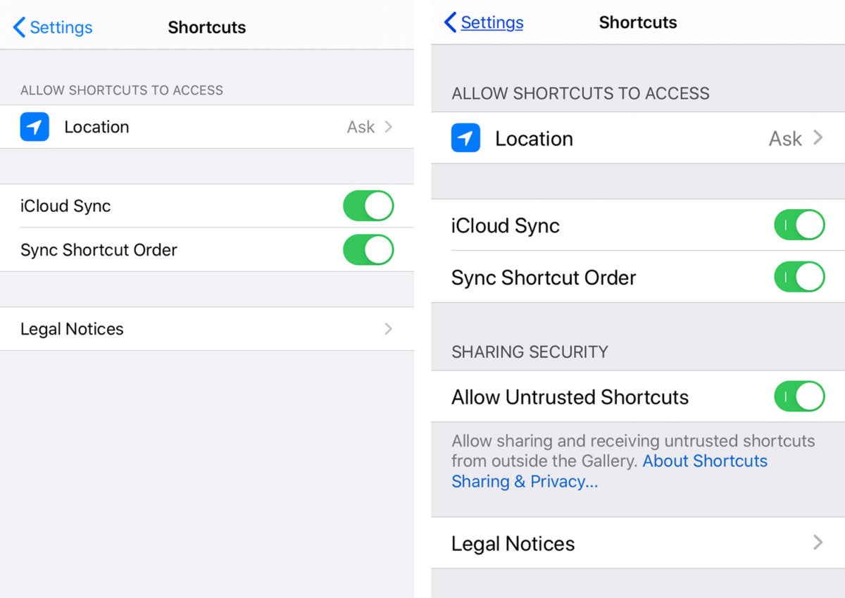shortcuts settings sharing security