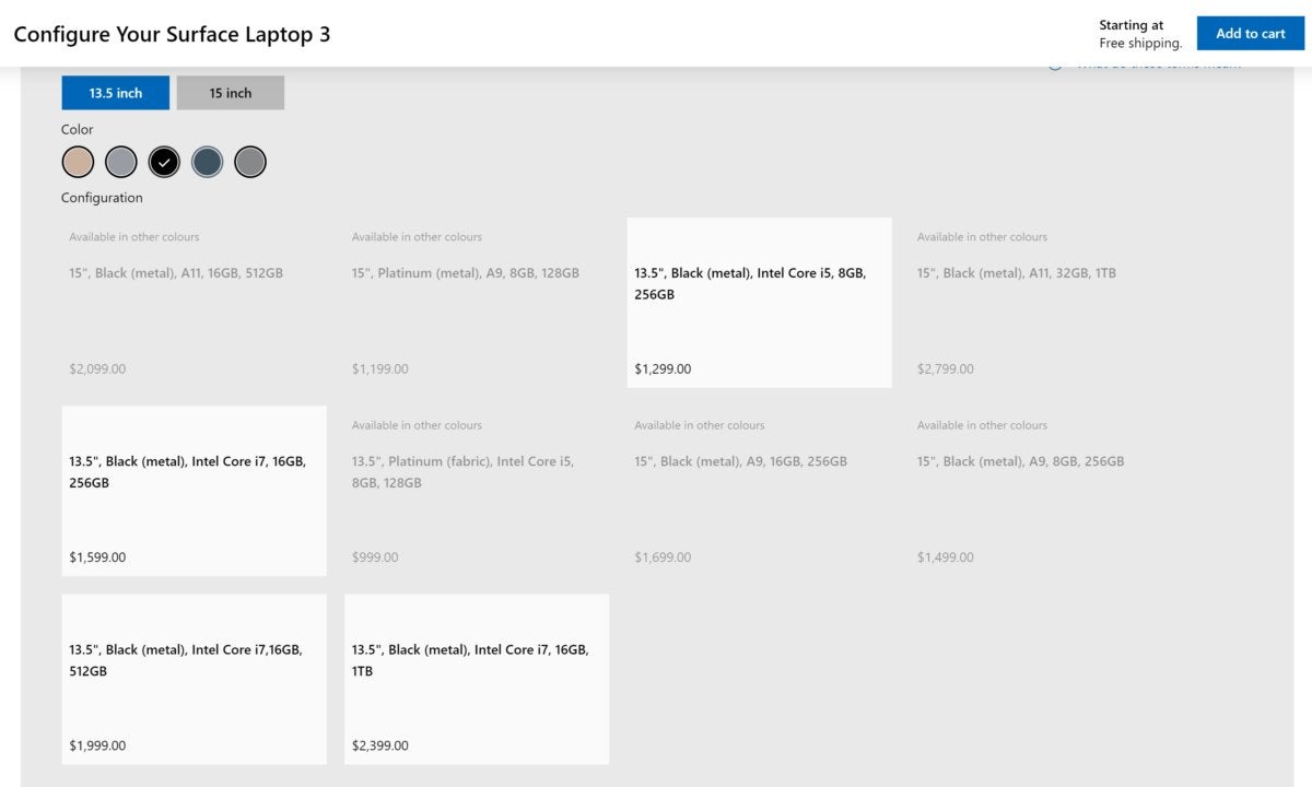 Microsoft surface laptop 3 configs