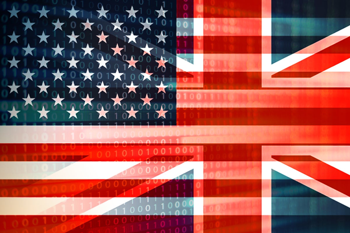 U.S. + U.K. flags merged with binary code overlay  >  US CLOUD Act / UK COPOA Act
