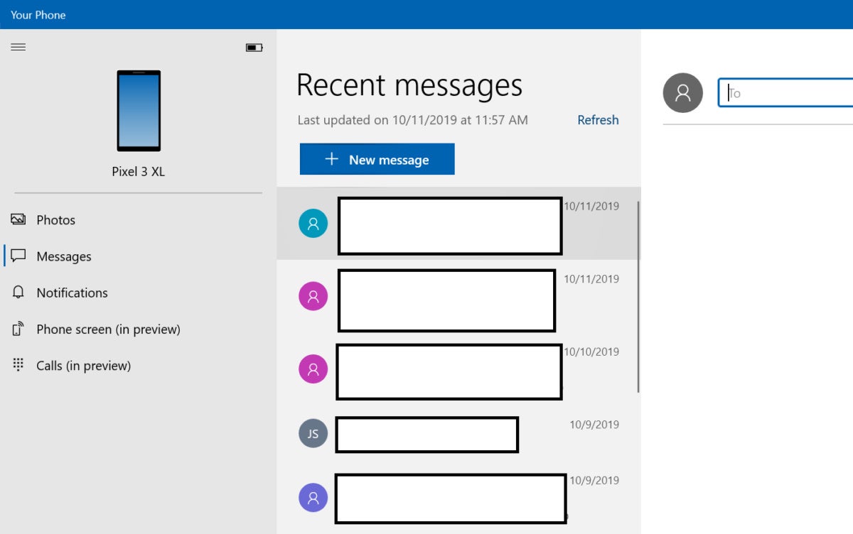 Microsoft Windows 10 your phone messages edited