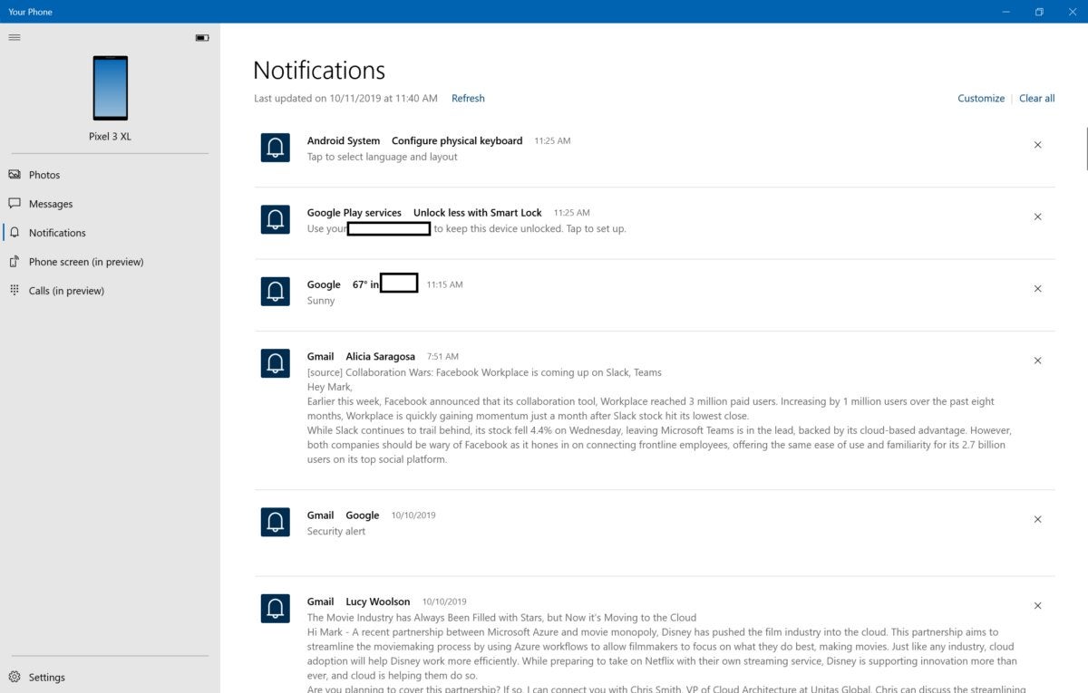 Microsoft Windows 10 your phone notifications 2