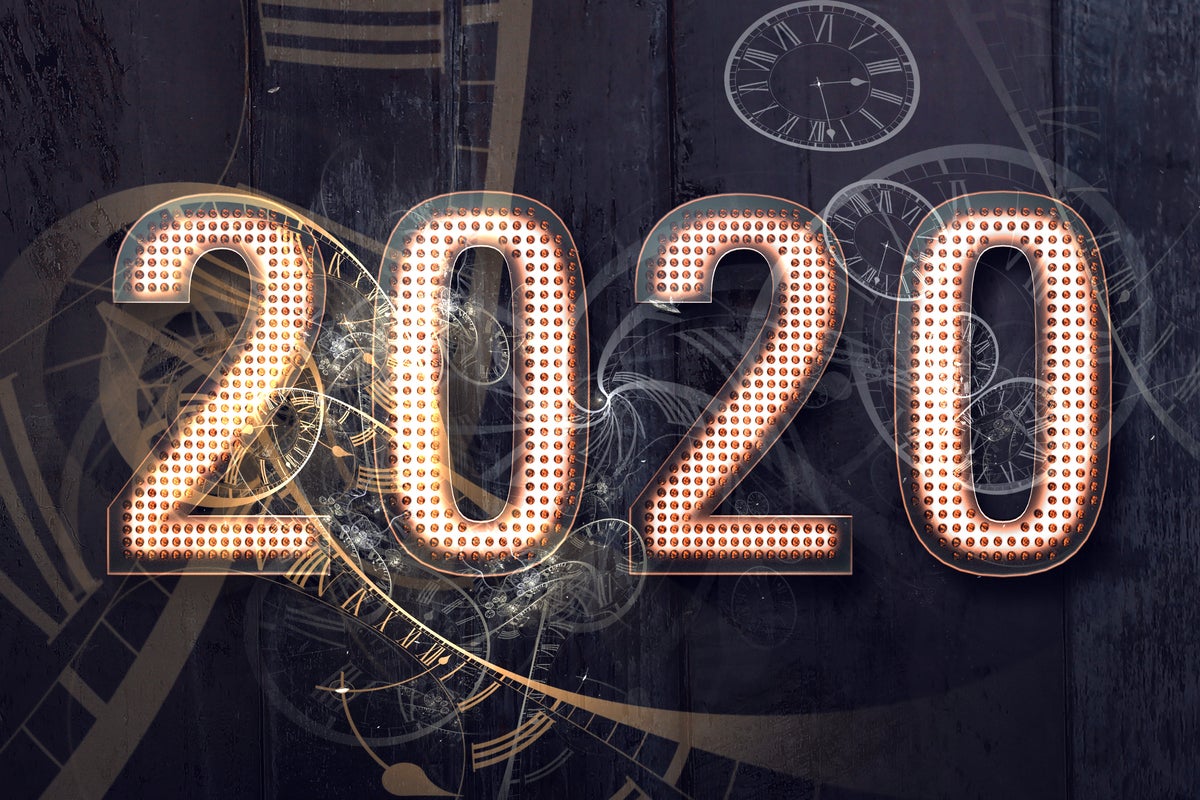 A 2020 sign is interwoven with a conceptal representation of abstract time.